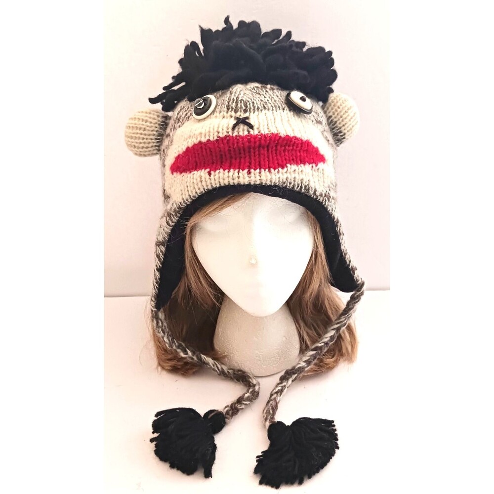 Sock Monkey Wool Knit Sherpa Hat Made in Nepal Fleece Lined Earflaps O/S